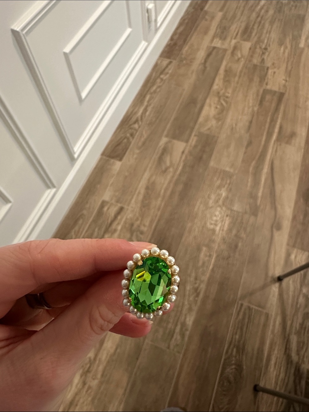 Green Crystal Pearl-Trim Cocktail Ring
